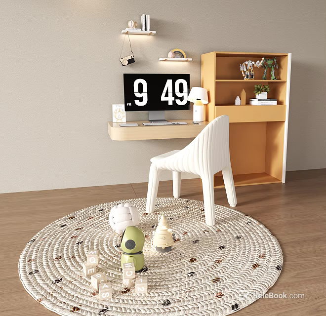 Modern Desk Interior With White Chair Monitor Round Rug And Small Toys 3d model 