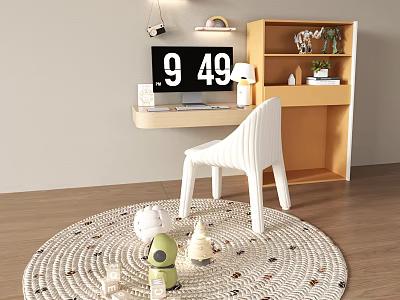 Modern Desk Interior With White Chair Monitor Round Rug And Small Toys 3d model