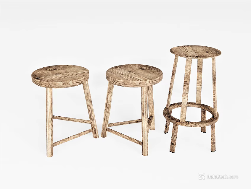 Three Wooden Bar Stools with Round Seats and Varied Leg Structures 3d model 