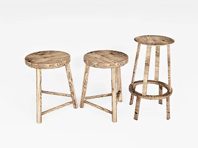 Three Wooden Bar Stools with Round Seats and Varied Leg Structures 3d model