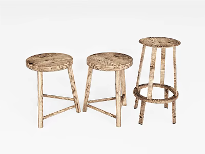 Three Wooden Bar Stools with Round Seats and Varied Leg Structures 3d model