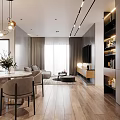 Modern Living and Dining Room Interior With Gray Sofa Dining Table Chandelier and Wooden Cabinets