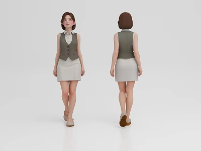 Stylish Woman Wearing Sleeveless Vest and Knee Length Skirt in Front Back View 3d model