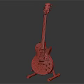 Electric Guitar Musical Instrument With Sunburst Red Brown Body On Black Stand And Fretboard