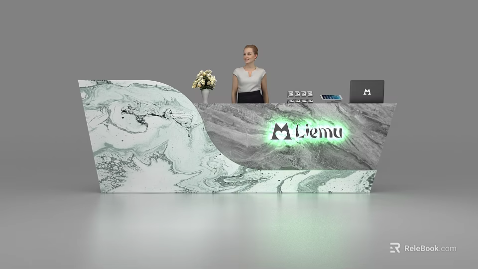 Modern Reception Desk With Marble Texture Illuminated M Liemu Sign Flower Vase And Laptop 3d model 