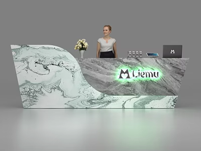 Modern Reception Desk With Marble Texture Illuminated M Liemu Sign Flower Vase And Laptop 3d model