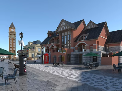 European Style Commercial Street With Clock Tower Street Lamps Outdoor Seating And Patterned Plaza Ground 3d model