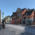 European Style Commercial Street With Clock Tower Street Lamps Outdoor Seating And Patterned Plaza Ground