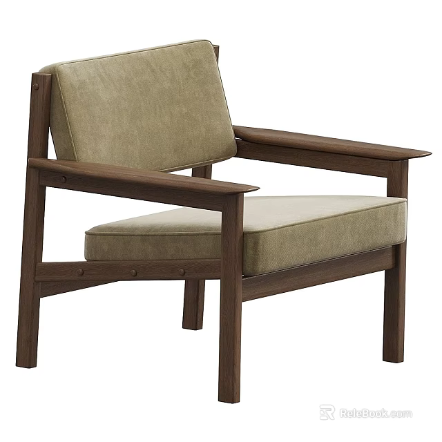 Walnut Wood Frame Leisure Chair Featuring Beige Cushioned Seat Backrest And Armrests 3d model 