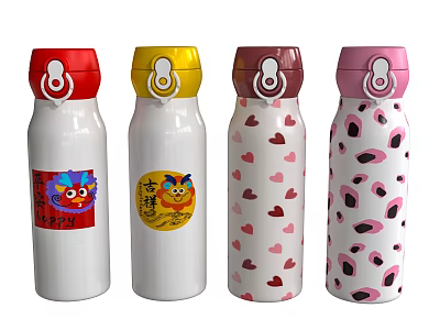Stylish Vacuum Insulated Cups With Various Colorful Lids White Bodies And Lion Heart Leopard Patterns 3d model