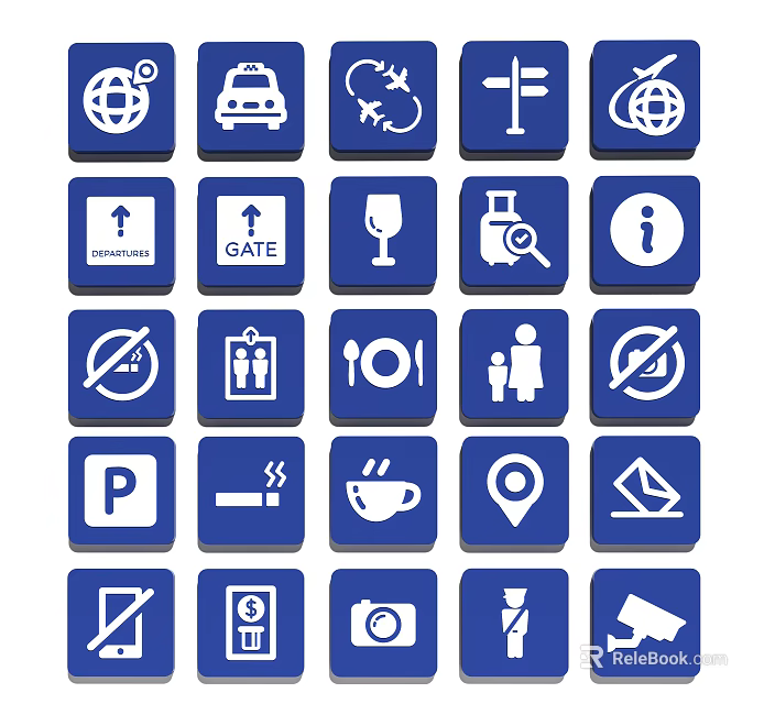Various Public Sign Icons Wall Decor With Blue Background And White Symbols 3d model 