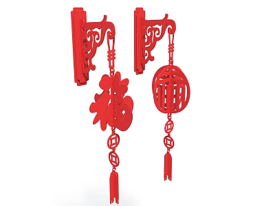 Chinese Style Red Wall Decor with Fu Character Lantern And Carved Brackets 3d model