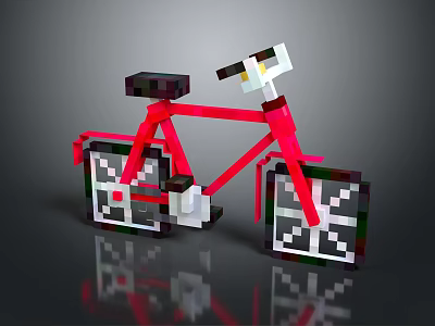 Red Pixel Art Bicycle Design With Detailed Pixelated Wheels And 3D Reflection 3d model