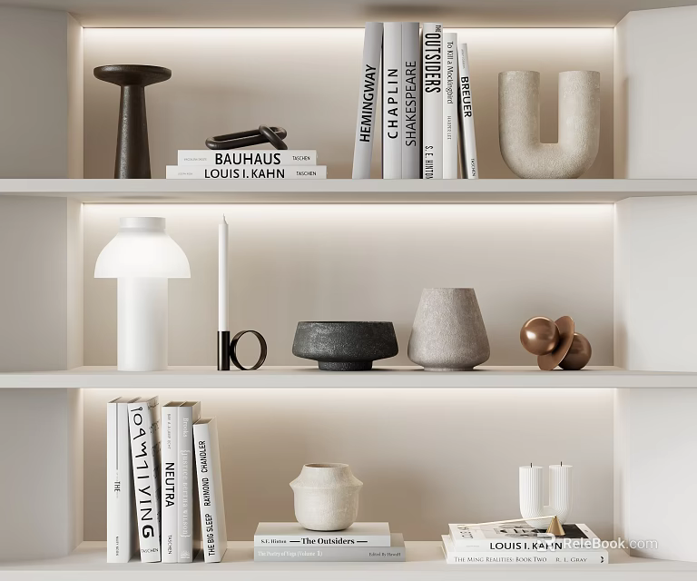 Modern Minimalist Decorative Ornament Combination with Books Vases Candle Holders and Lamp on White Shelves 3d model 