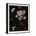 Botanical Painting Featuring White Roses Green Leaves And Brown Petals In Black Framed Wall Art