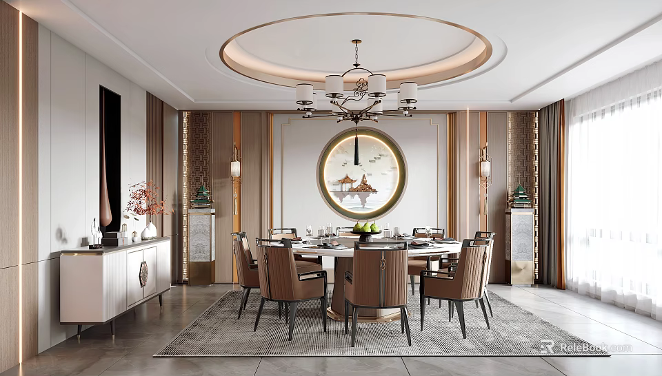 Modern Luxury Private Dining Room Interior With Round Table Brown Chairs Chandelier And Decor 3d model 