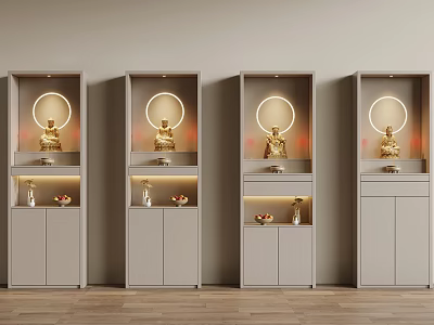 Elegant Gray Buddhist Altar Cabinets With Golden Buddha Circular Halo And Fruit On Wooden Floor 3d model