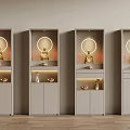 Elegant Gray Buddhist Altar Cabinets With Golden Buddha Circular Halo And Fruit On Wooden Floor