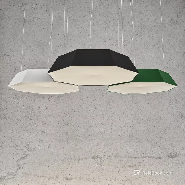 Modern Polygonal Pendant Lights in Black White and Green Hanging on Grey Wall 3d model 