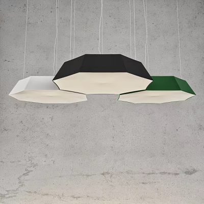 Modern Polygonal Pendant Lights in Black White and Green Hanging on Grey Wall 3d model