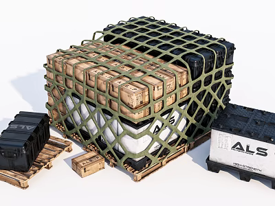 Net Covered Stacked Cargo Boxes With Wooden Pallets And Black White Containers 3d model