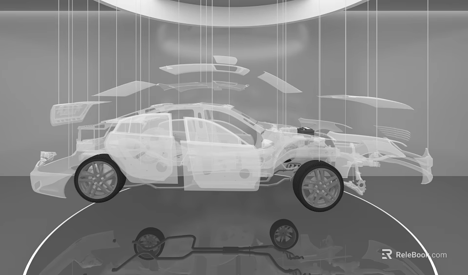 Automotive Exhibition Hall Featuring Car Skeleton Display With Suspended Parts And Transparent Structure 3d model 