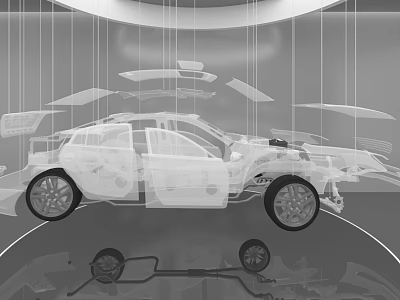 Automotive Exhibition Hall Featuring Car Skeleton Display With Suspended Parts And Transparent Structure 3d model