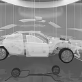 Automotive Exhibition Hall Featuring Car Skeleton Display With Suspended Parts And Transparent Structure