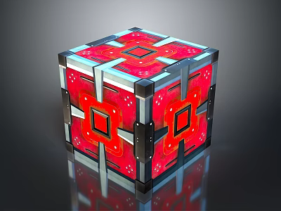 Red Geometric Cube Structure With Square Patterns And Metal Frame Accents 3d model