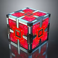 Red Geometric Cube Structure With Square Patterns And Metal Frame Accents