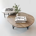 Modern Round Wooden Coffee Table With Black Metal Legs And Decorative Books Plant