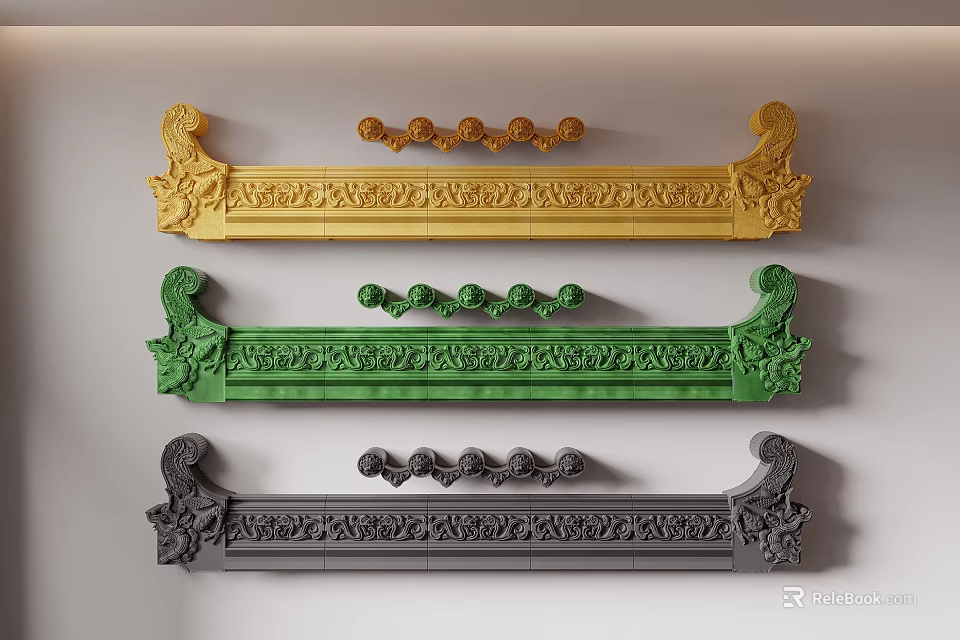Ancient Architecture Decorative Elements With Golden Green Gray Carved Cornices And Ornaments 3d model 