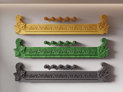 Ancient Architecture Decorative Elements With Golden Green Gray Carved Cornices And Ornaments 3d model