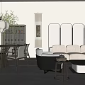 Modern Living and Dining Room Interior With Beige Sofa Wooden Table Lantern Light And Decorative Screen