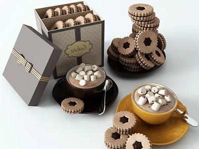 Assorted Cookies With Hot Chocolate Topped With Marshmallows In Gift Box And Plate 3d model