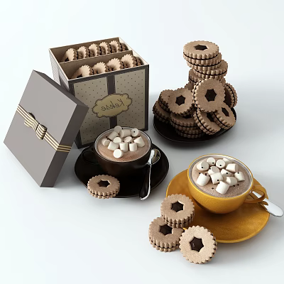 Assorted Cookies With Hot Chocolate Topped With Marshmallows In Gift Box And Plate 3d model