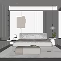 Modern Elegant Bedroom Interior With Upholstered Bed Nightstand Hanging Lamp Decorative Art And Window Rug
