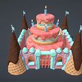 Three Tiered Birthday Cake With Pink Frosting Candles And Chocolate Decorated Ice Cream Cones