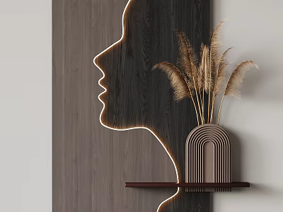 Modern Wall Decor with Neon Side Profile Light and Pampas Grass on Wooden Shelf 3d model