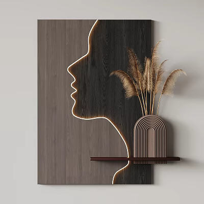Modern Wall Decor with Neon Side Profile Light and Pampas Grass on Wooden Shelf 3d model