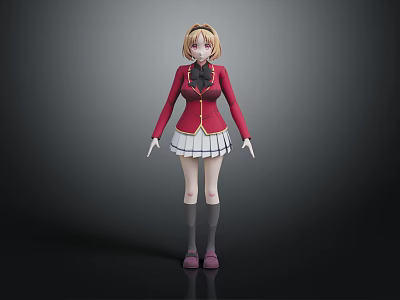 3D Character Model Wearing Red School Uniform White Pleated Skirt Blonde Short Hair Black Background 3d model