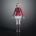 3D Character Model Wearing Red School Uniform White Pleated Skirt Blonde Short Hair Black Background