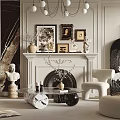 Elegant Modern Living Room Interior With Chandelier Fireplace Framed Art Curved Sofa And Plants