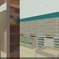 Neat Pharmacy Store Interior Featuring Shelves With Medicines Products And Glass Counter