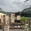 Outdoor Garden Ornaments With Scrolls Grill Plants Bamboo Fence And Seating Area