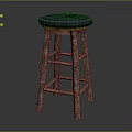 Rustic Wooden Bar Stool With Dark Blue Padded Seat And Textured Legs
