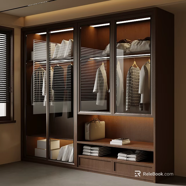 Sleek Modern Glass Door Wooden Wardrobe With Built In Lights For Tidy Home Clothing Storage 3d model 