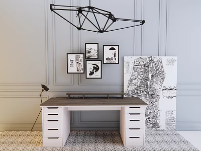 Modern Office Desk With Geometric Pendant Light Framed Artworks And Large Architectural Drawing 3d model