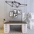 Modern Office Desk With Geometric Pendant Light Framed Artworks And Large Architectural Drawing