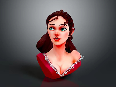 3D Female Character with Brown Hair Green Eyes and Red Dress White Lace Portrait 3d model